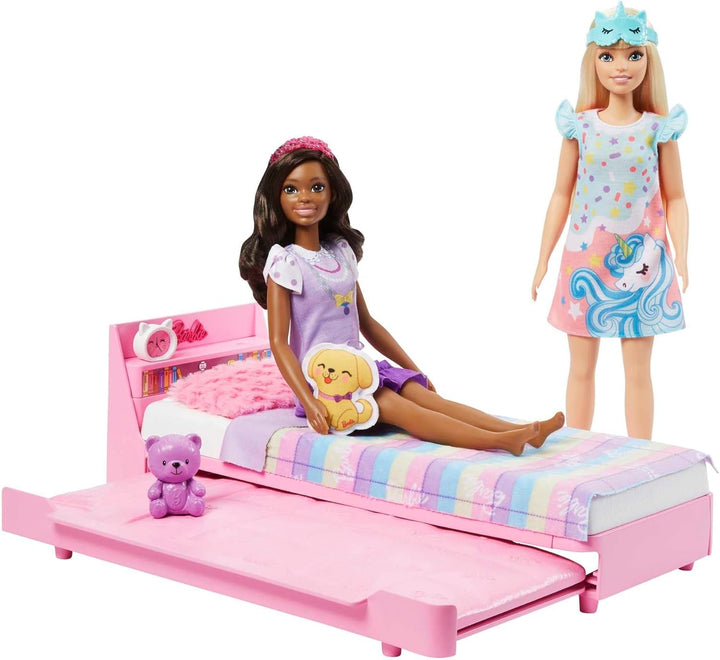 Barbie My First Series, Pat rulant, Pat cu accesorii, Ceas cu alarmă, Ursuleț de pluș, Set negru, Pernă, Păpușă, Cadou pentru copii, Jucării de la 3 ani,Hmm64 Papusi Naty Shop