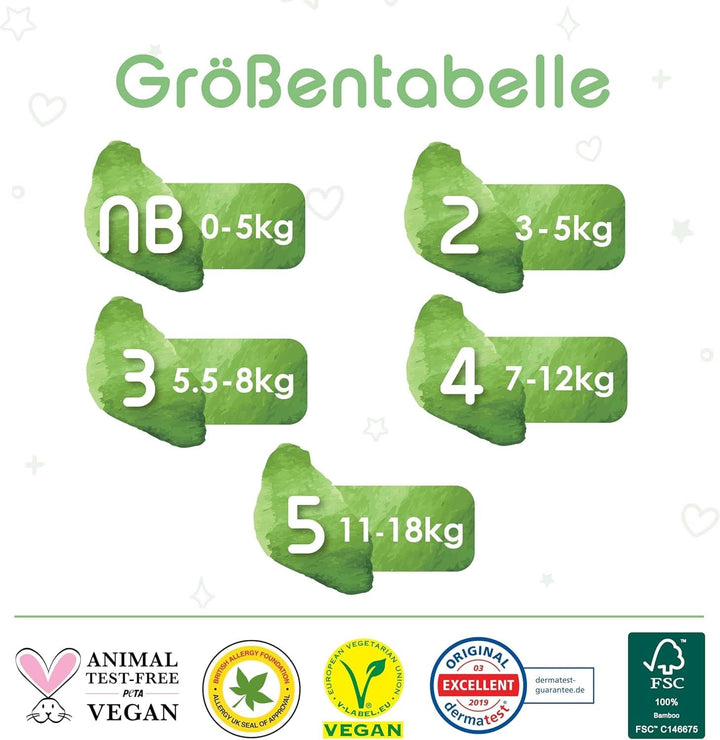 Scutece din bambus organic Pureborn Eco, marimea 2 (3-6 kg), 64 bucati, ecologice, hipoalergenice, ultra-moale, cu indicator de umiditate, diverse imprimeuri Mama si Copilul Naty Shop