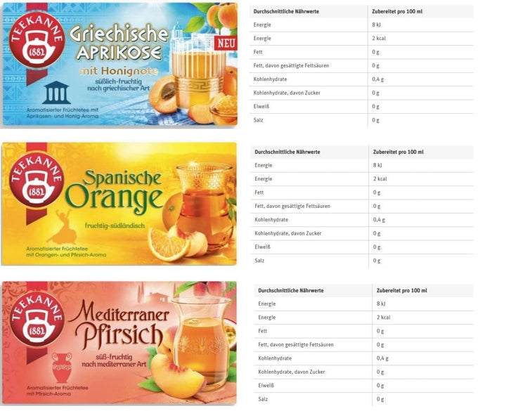 Teekanne Amestec de ceaiuri din diferite țări, caise grecești, portocale spaniole, lămâi italiene, mango din Caraibe, piersici mediteraneene, cireșe dulci italiene, 6 pachete, 270 g