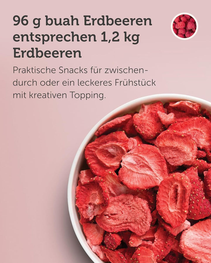 BUAH® Căpșuni liofilizate | Cipsuri cu căpșuni ca gustare sau pentru smoothie-uri | Înlocuitor ideal pentru bomboane | Vegan și fără zahăr adăugat | 96g Produse deshidratate Naty Shop