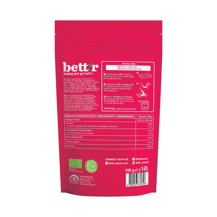 Bettr Organic Brownie Mix - Bio, Vegan Und Glutenfreie Brownies Mit Reichhaltigem Kakaogeschmack - 400 G - 15 Portionen Naty Shop