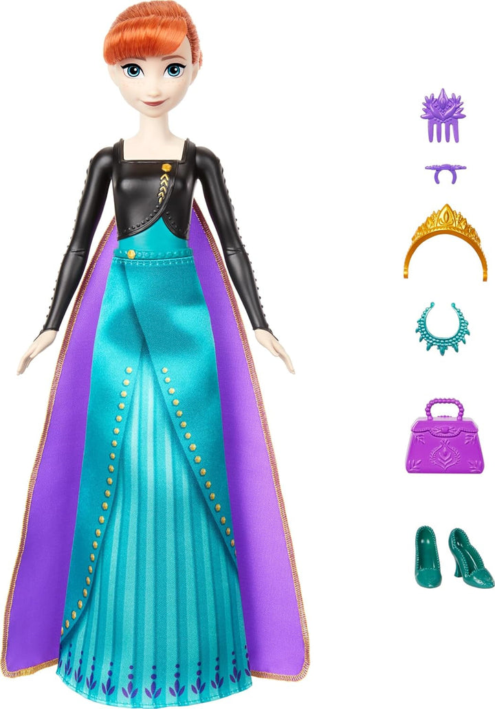 Mattel Disney The Ice Queen Anna Fashion Doll Set, Spin & Reveal cu 11 surprize, inclusiv 5 accesorii, 5 autocolante și o scenă pentru joacă, inspirat de filmul Disney, HXD27 Papusi Naty Shop