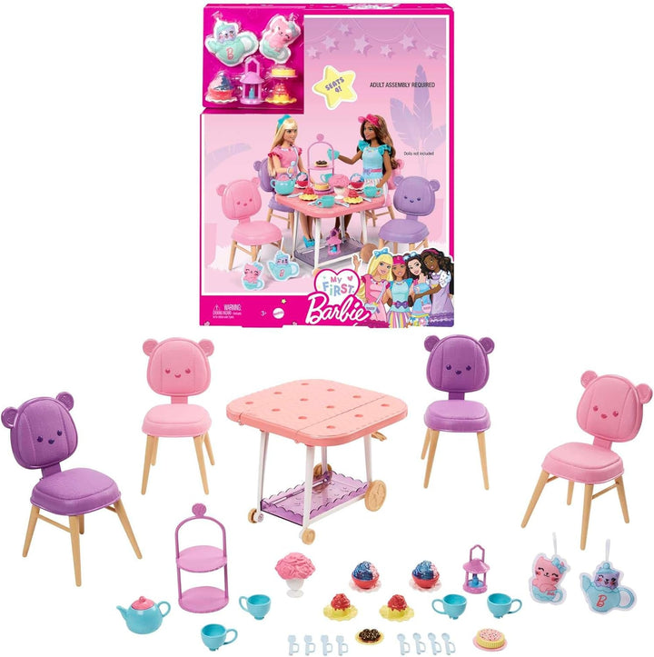 Barbie My First Series, Pat rulant, Pat cu accesorii, Ceas cu alarmă, Ursuleț de pluș, Set negru, Pernă, Păpușă, Cadou pentru copii, Jucării de la 3 ani,Hmm64 Papusi Naty Shop Set de joacă pentru petrecerea ceaiului