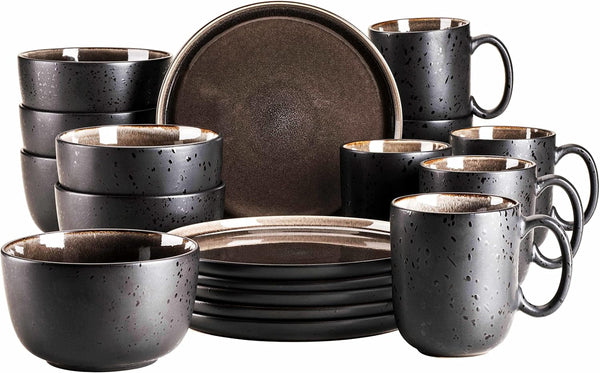 MÄSER 934020 Serie Niara, Modernes Geschirr Set Für 6 Personen in Aufregendem Vintage Look, 18-Teiliges Frühstücksgeschirr Service Aus Keramik in Grau Und Schwarz, Steinzeug Seturi vesela masa Naty Shop Grau Frühstücksgeschirr 18-Tlg.