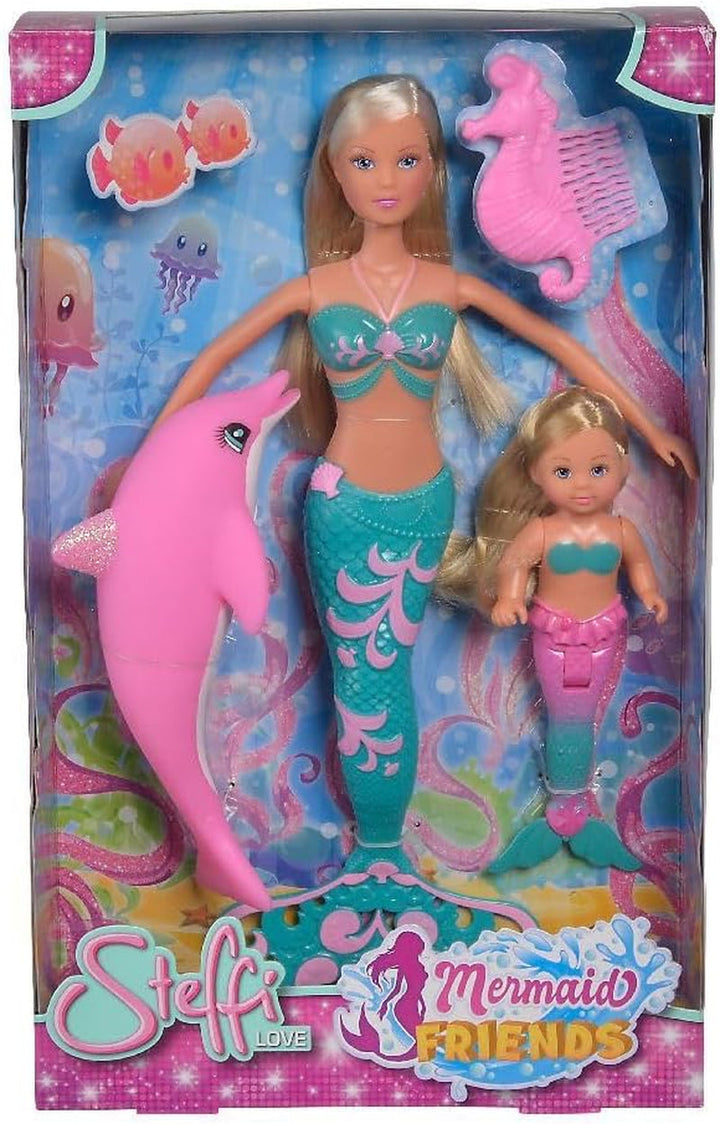 Simba 105733336 - Steffi LOVE Mermaid Friends, păpușă ca o sirenă magică cu sora Evi, figurină cu delfin și multe altele, jucărie pentru copii de la 3 ani în sus Papusi Naty Shop Singur