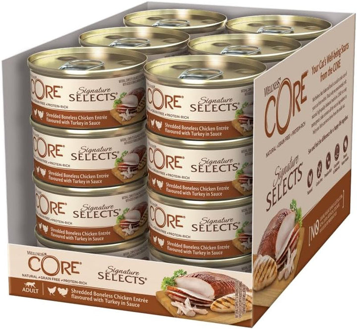 Wellness CORE Signature Selects, Shredded Selection Mix, 8 X 79 G, Hrană umedă premium pentru pisici adulte în sos, fără zahăr adăugat, fără cereale, cu conținut ridicat de carne
