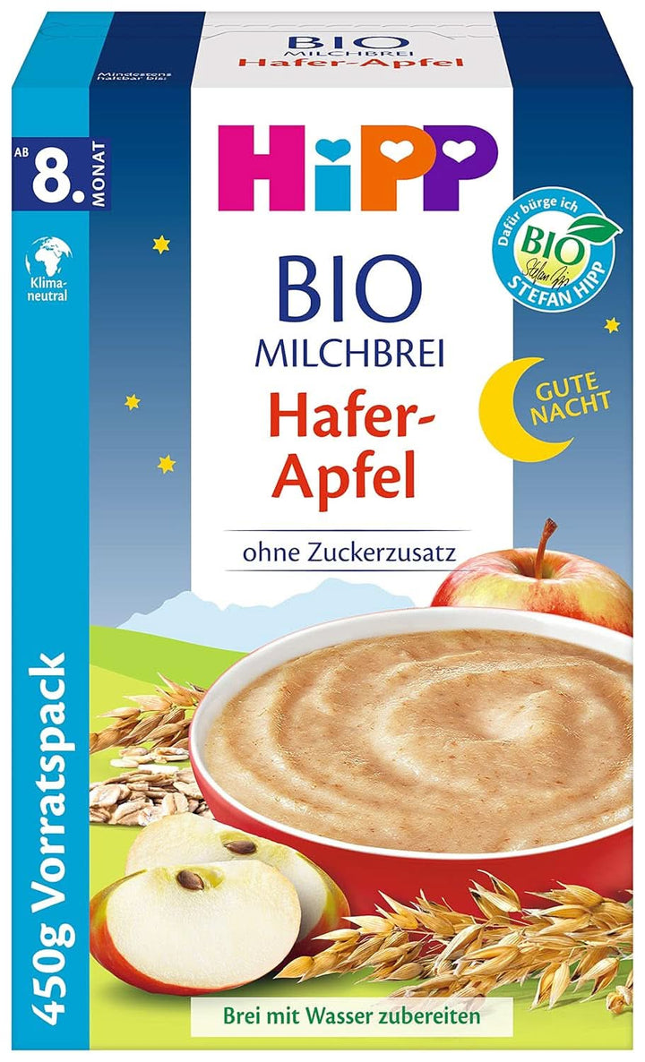 Hipp terci de lapte organic fără adaos de zahăr, semolina si banana, pachet de stocare (4X450 grame) Mama si Copilul Naty Shop 4 x 450 grame Măr cu ovăz