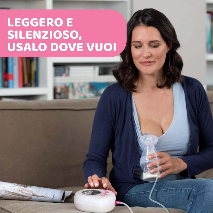 Pompă electrică pentru sân Chicco cu faze de stimulare și extracție, 10 niveluri de intensitate, confortabilă și rapidă, formă ergonomică, cu tetina înclinată și capac etanș, alb, 150 ml Accesorii Hrana si Alaptare Bebe Naty Shop
