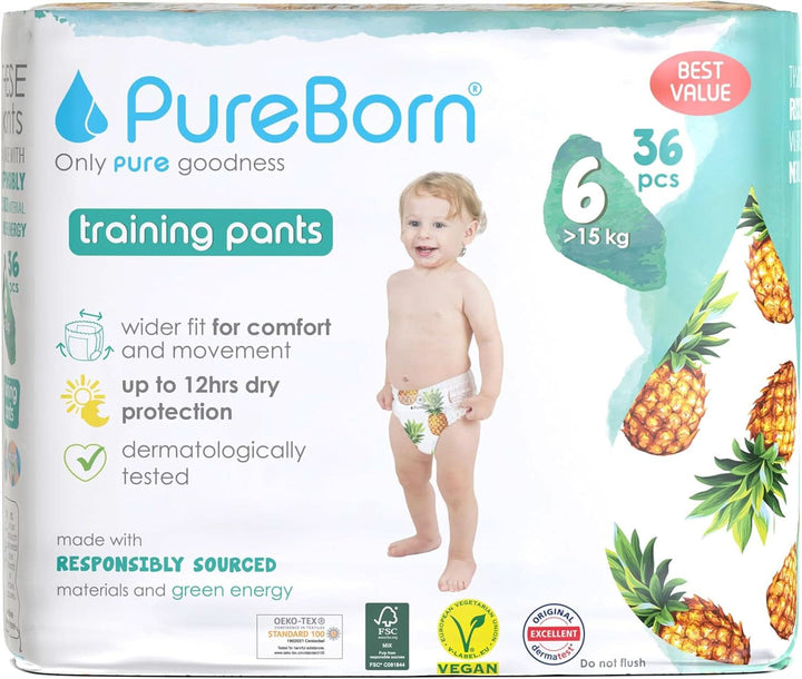 Scutece Pureborn Baby Premium Pantaloni, protectie optima zi si noapte, testate dermatologic, ultra moi, prietenoase cu pielea Mama si Copilul Naty Shop Marimea 6 (36 bucati)