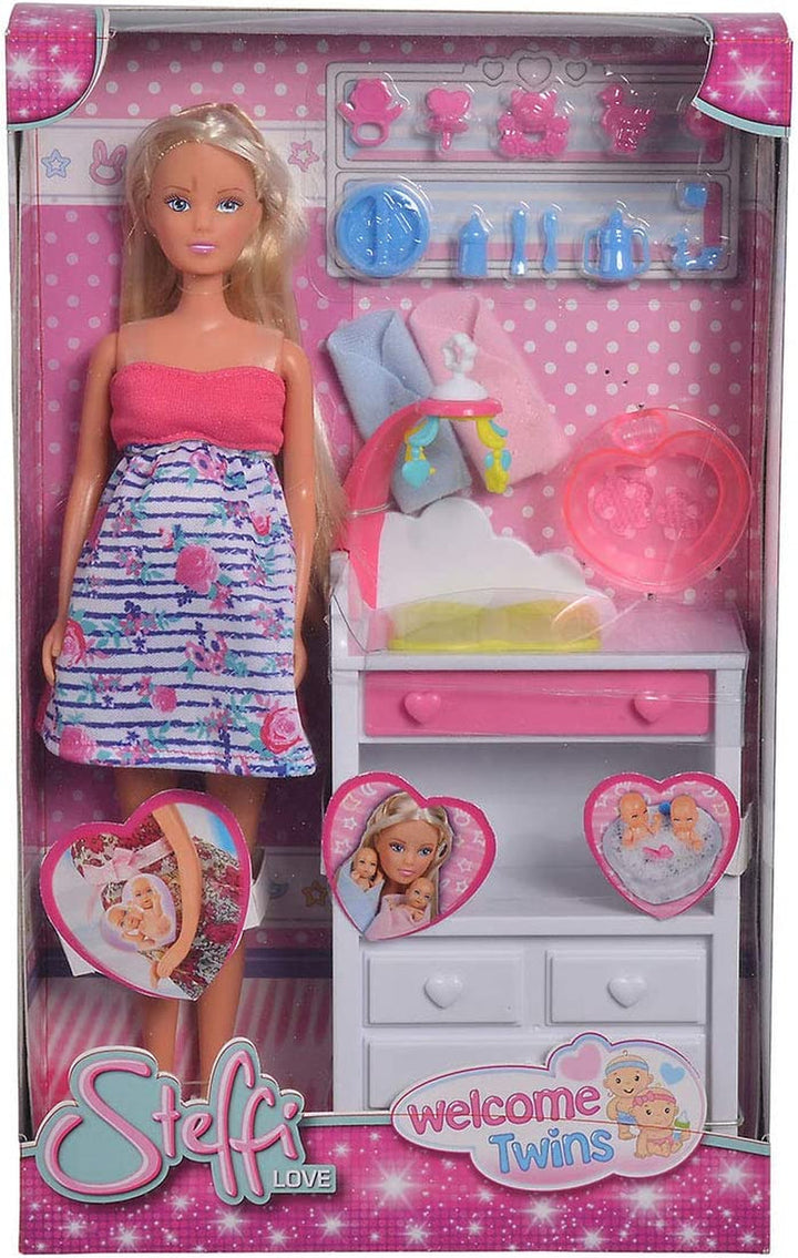 Simba 105733333 - Steffi Love Welcome Twins, Păpușă însărcinată, Cu gemeni, Cu masă de schimbat și cadă, Accesoriu, Păpușă de îmbrăcat, 29Cm, Pentru copii de la 3 ani în sus Papusi Naty Shop