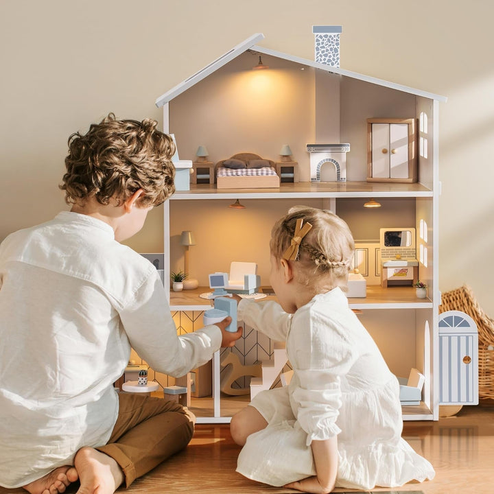 Casă de păpuși din lemn cu lumini, 3 etaje, inclusiv mobilier și scări, jucărie pentru copii cu vârsta de peste 3 ani Casute de papusi Naty Shop