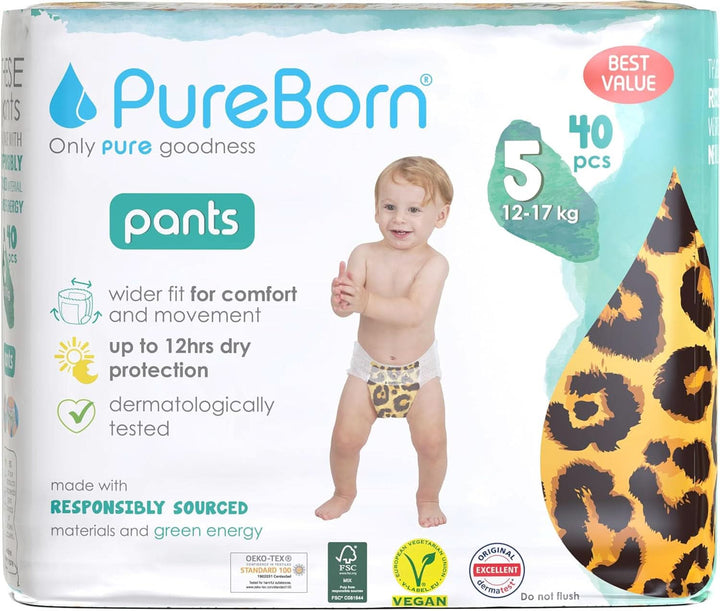 Scutece Pureborn Baby Premium Pantaloni, protectie optima zi si noapte, testate dermatologic, ultra moi, prietenoase cu pielea Mama si Copilul Naty Shop Marimea 5 (40 bucati)