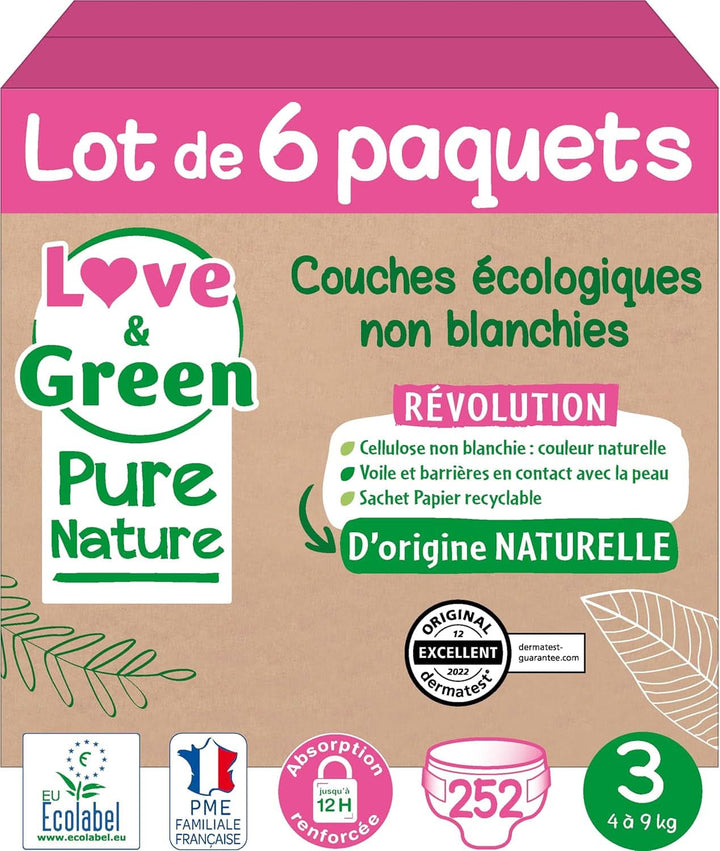 Love Green Nature, scutece ecologice nealbite, fara clor, diverse marimi Mama si Copilul Naty Shop Marimea 3, 4 - 9 Kg 6 pachete, 252 scutece total