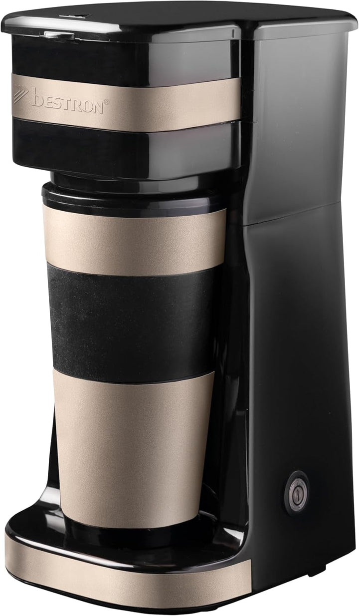 Espressor Bestron cu cană izolată, espressor de camping pentru cafea măcinată la filtru, espressor mic pentru 2 cești mari, 750 wați, culoare: negru/argintiu