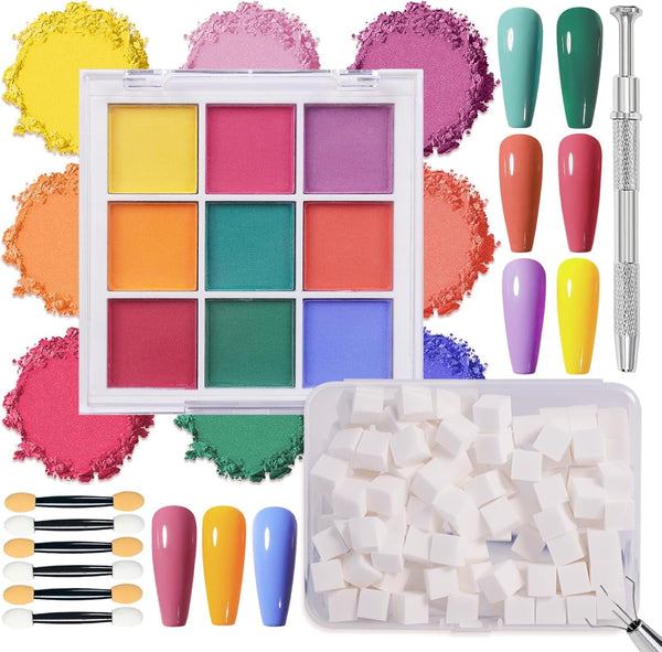 9 Farben Pigment Für Nägel, Nagelpulver Nail Powder 100 Stück Nail Art Schwamm Mit Metallgreifer, Ombre Glitzerpulver Nagelpuder Nailart Nagel Deko Für DIY Nageldesign, B