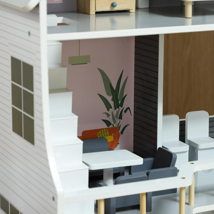 AIYAPLAY Casă de păpuși din lemn, casă de joacă cu 3 etaje cu 13 piese de mobilier, accesorii, 85,3 cm înălțime Casă de păpuși pentru copii de 3-6 ani, gri Casute de papusi Naty Shop