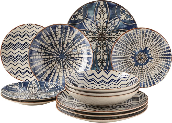 MÄSER 934017 Iberico Blue 12-Teiliges Tafelservice Für 4 Personen Im Maurischen Stil, Teller Set Mit Verschiedenen Vintage Mustern in Weiß Und Blau, Steinzeug Seturi vesela masa Naty Shop Tafelservice