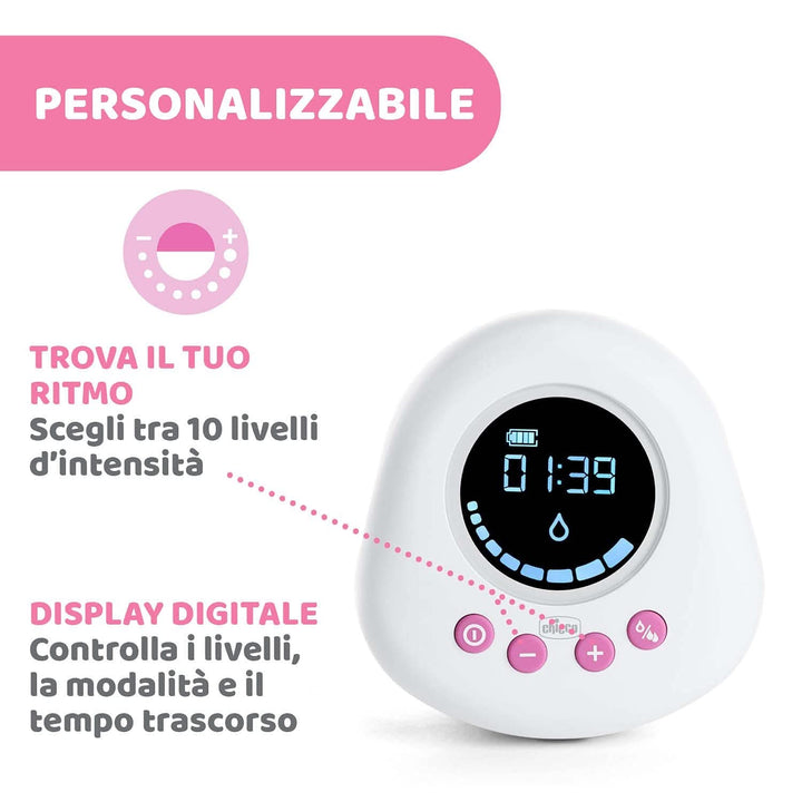 Pompă electrică pentru sân Chicco cu faze de stimulare și extracție, 10 niveluri de intensitate, confortabilă și rapidă, formă ergonomică, cu tetina înclinată și capac etanș, alb, 150 ml Accesorii Hrana si Alaptare Bebe Naty Shop