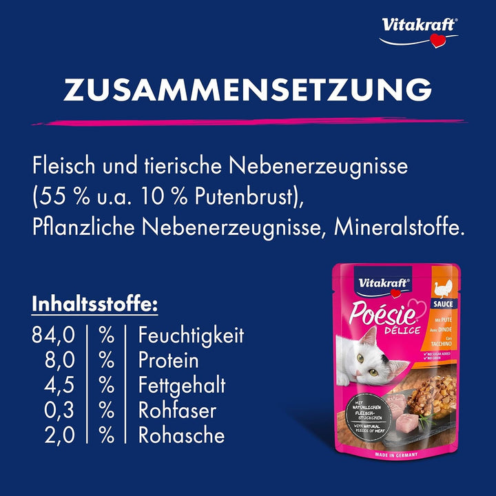 Vitakraft Poésie Délice, hrană umedă pentru pisici, hrană umedă pentru pisici în sos, cu curcan, preambalată, fără adaos de zahăr și cereale (23X 85G)