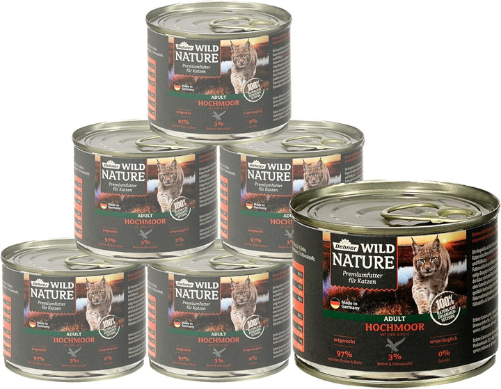 Hrană pentru pisici Dehner Wild Nature Hochmoor, hrană umedă fără cereale, pentru pisici adulte, rață / curcan, cutie 6 X 200 G (1,2 kg)