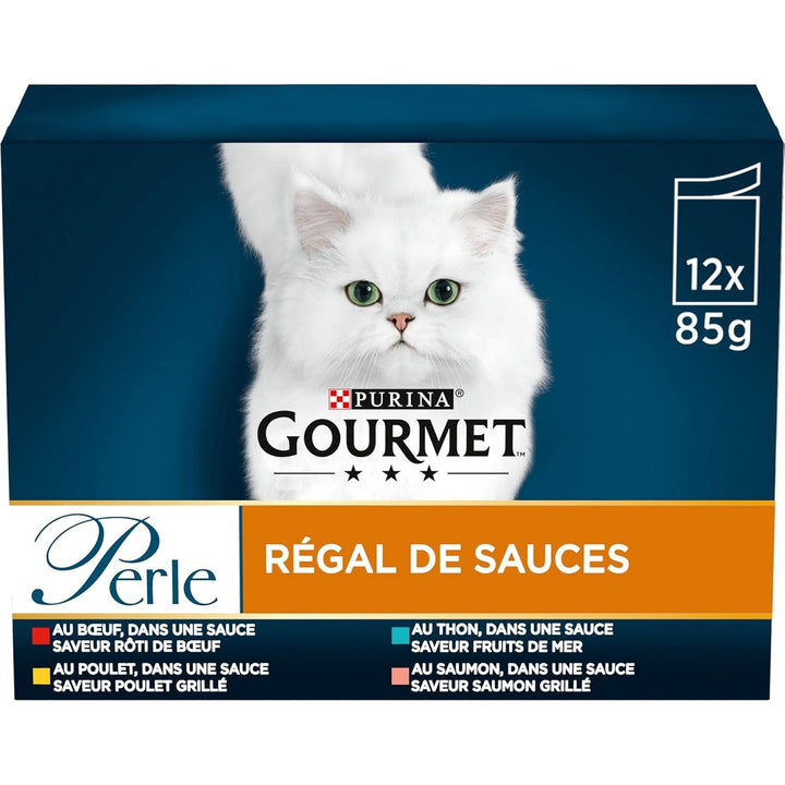 Perle | Sauce Shelf | Adult Cat | Carne de vită, pui, ton, somon | 12 X 85 G | Pungă proaspătă (ambalajul poate varia)