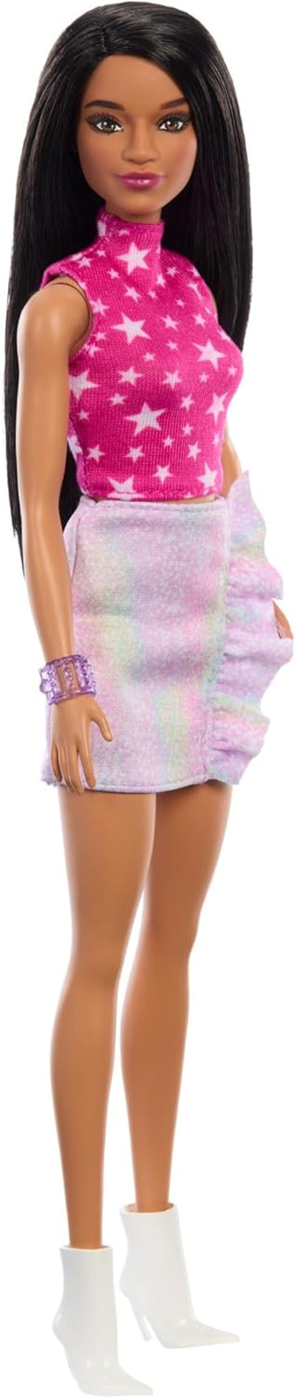Păpușa Barbie Fashionistas nr. 215 cu păr negru drept, top roz cu model în formă de stea și fustă iridescentă, păpușă de modă de colecționat cu ocazia celei de-a 65-a aniversări, HRH13 Papusi Naty Shop Titlu implicit
