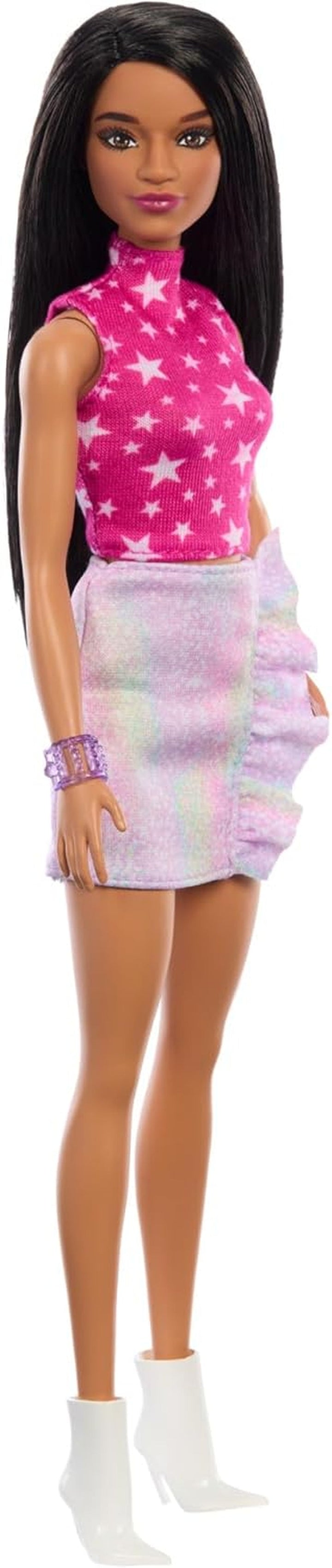 Păpușa Barbie Fashionistas nr. 215 cu păr negru drept, top roz cu model în formă de stea și fustă iridescentă, păpușă de modă de colecționat cu ocazia celei de-a 65-a aniversări, HRH13 Papusi Naty Shop Titlu implicit