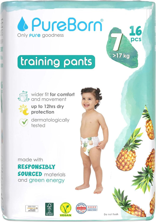 Scutece Pureborn Baby Premium Pantaloni, protectie optima zi si noapte, testate dermatologic, ultra moi, prietenoase cu pielea Mama si Copilul Naty Shop Marimea 7 (16 bucati)