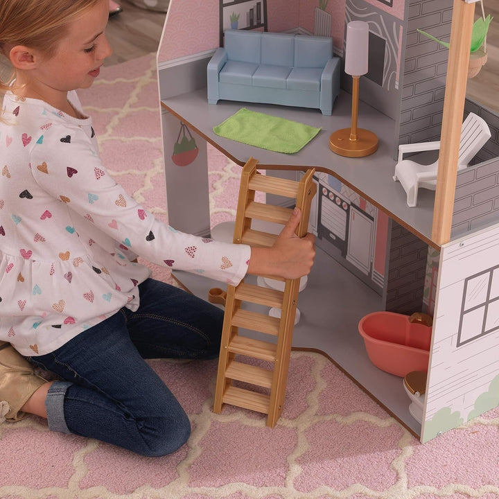 Casă de păpuși Kidkraft Alina din lemn cu mobilier și accesorii pentru păpuși înalte de 30 cm, set de joacă cu 3 etaje, cu câine și scări mobile, jucărie pentru copii de la 3 ani, 10229 Casute de papusi Naty Shop