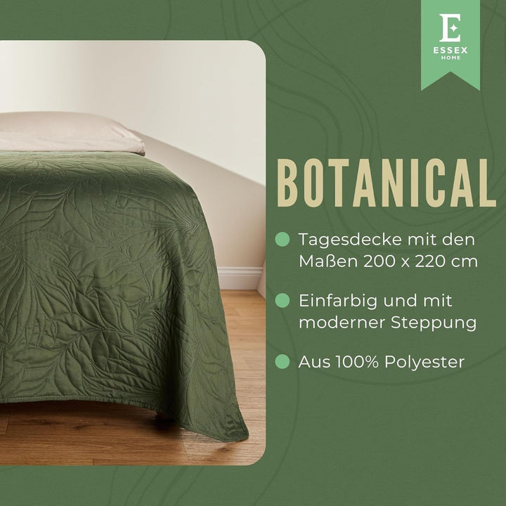 ESSEX - Cuvertură de pat 200 X 220 cm, ideală pentru dormitor, cuvertură de pat moale și confortabilă, matlasare modernă - Botanică, verde Paturi si Cuverturi Besuche den ESSEX-Store
