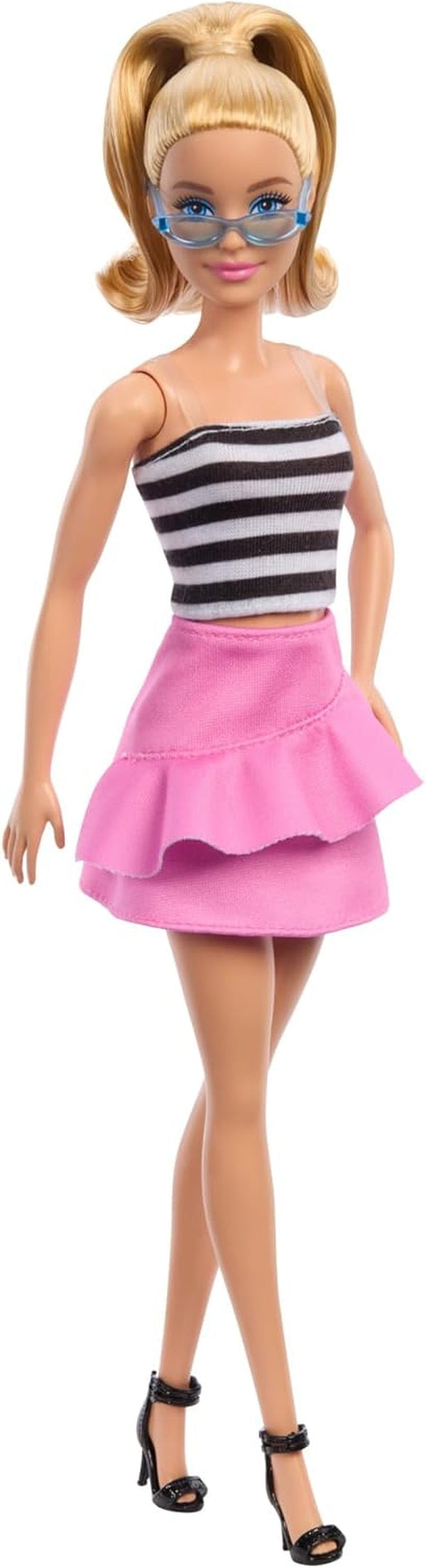 Păpușa Barbie Fashionistas nr. 213, blondă cu top în dungi, fustă roz și ochelari de soare, păpușă de modă de colecționat cu ocazia celei de-a 65-a aniversări, HRH11 Papusi Naty Shop Titlu implicit