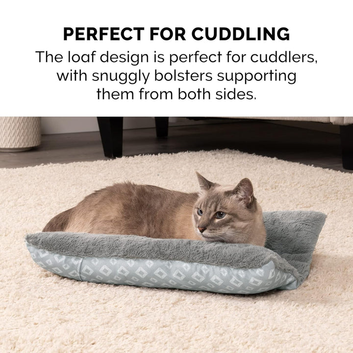 Pat pentru pisici de interior, lavabil, cu role de gât detașabile, pentru animale de companie de până la 4,1 kg – Covoraș de pluș cu imprimeu de diamant – Gri, mărimea S