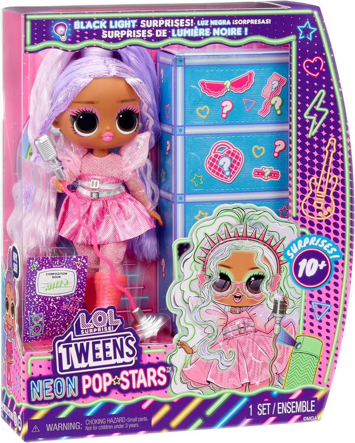 L.O.L. Surprise! Tweens Neon Pop Stars - Kitty K - 1 păpușă la modă cu surprize retroiluminate și 10+ costume și accesorii Pop Star, inclusiv micro-benzi retro, cadou pentru copii 4+ Papusi Naty Shop