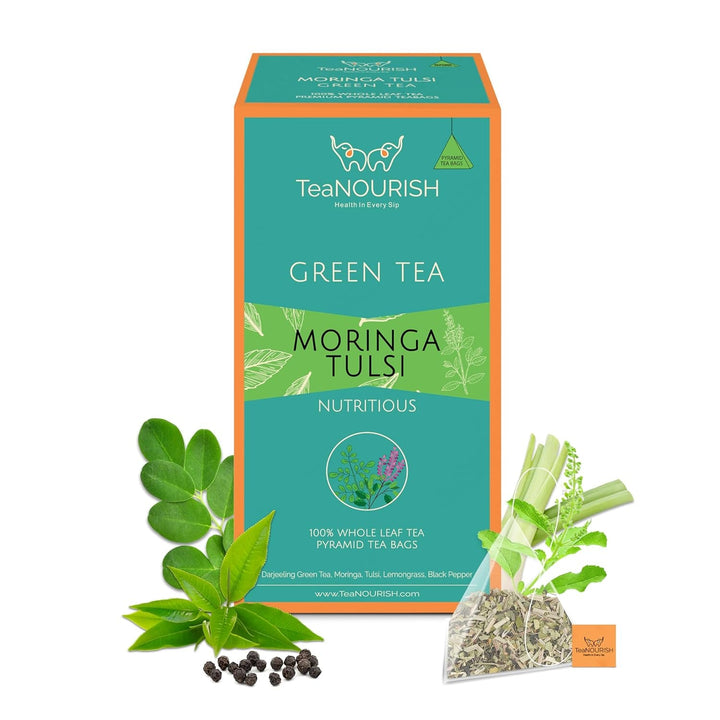 Teanourish Ghimbir Tulsi Ceai verde | 20 pliculețe de ceai piramidale | Darjeeling frunze întregi | Superalimente indiene Ghimbir, Tulsi &amp; Lemn dulce | Ameliorează stresul și favorizează digestia