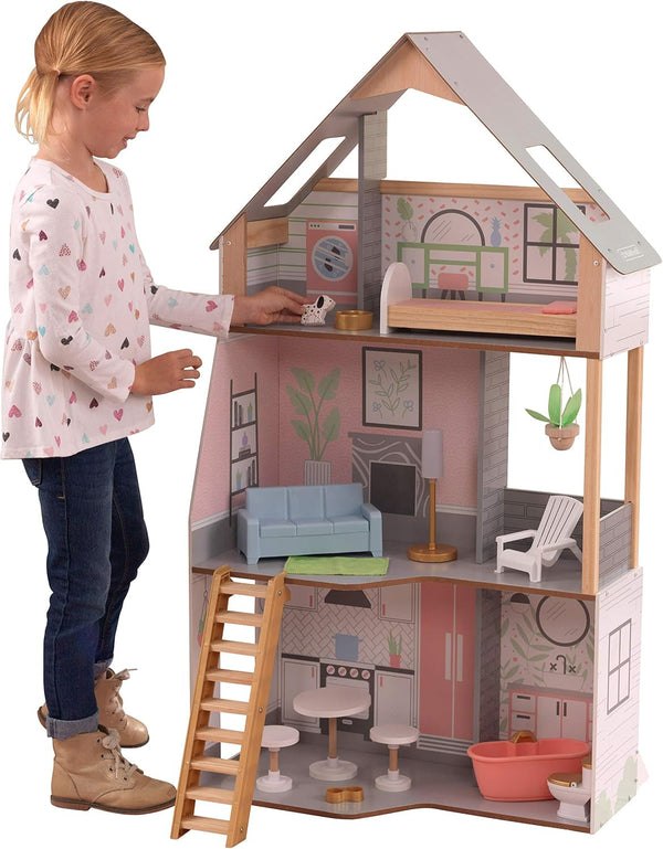 Casă de păpuși Kidkraft Alina din lemn cu mobilier și accesorii pentru păpuși înalte de 30 cm, set de joacă cu 3 etaje, cu câine și scări mobile, jucărie pentru copii de la 3 ani, 10229 Casute de papusi Naty Shop Titlu implicit