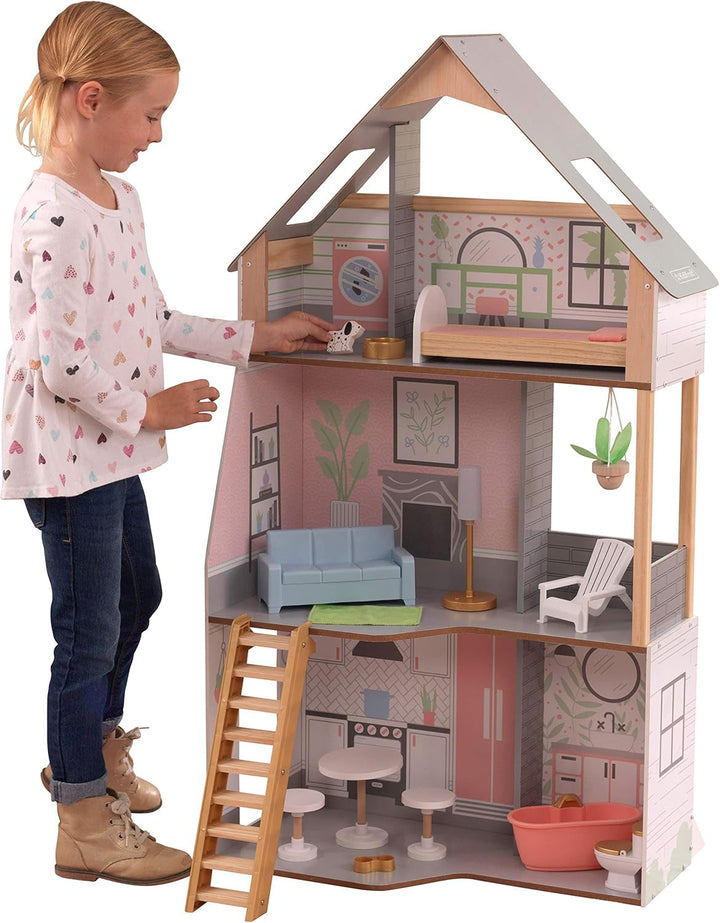 Casă de păpuși Kidkraft Alina din lemn cu mobilier și accesorii pentru păpuși înalte de 30 cm, set de joacă cu 3 etaje, cu câine și scări mobile, jucărie pentru copii de la 3 ani, 10229 Casute de papusi Naty Shop Titlu implicit
