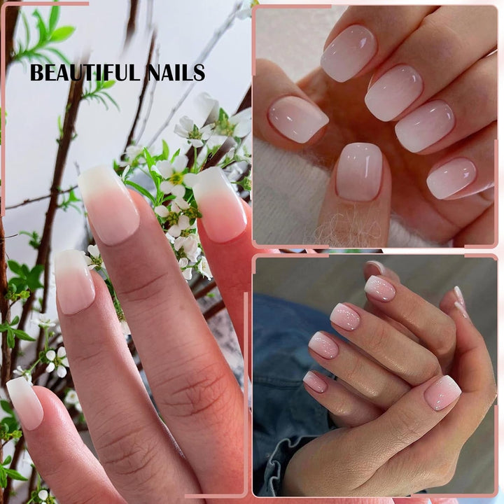 Set unghii false cu adeziv - Unghii false franțuzești - 24 bucăți, design pătrat scurt, gradient alb roz, unghii artificiale, manichiură balerină (gradient roz scurt)