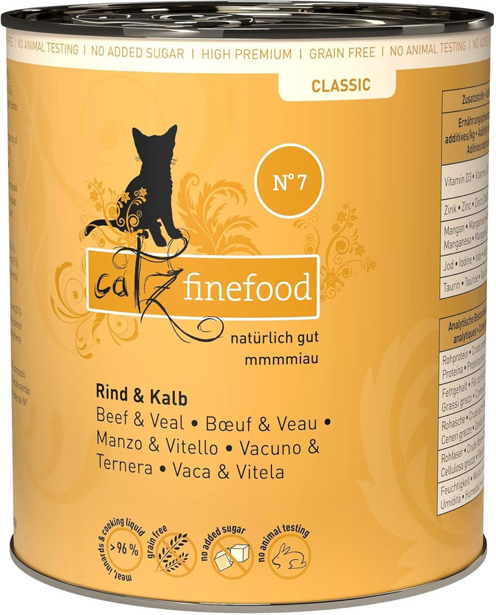 Catz Finefood N° 7 Carne de vită și vițel Delicatessen Hrană umedă pentru pisici, rafinată cu caise și ananas, pungă 16 X 85G