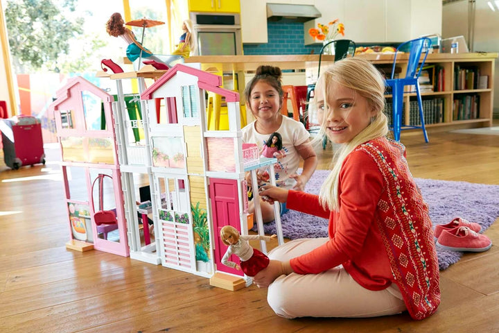 Barbie House Dream Villa, casă de oraș cu 3 etaje și 5 camere, inclusiv accesorii precum mobilier, pliabilă și depozitabilă, jucării de la 3 ani, DLY32 Casute de papusi Naty Shop