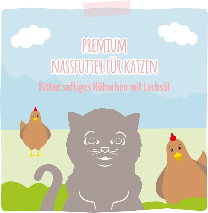 Mjamjam - Hrană umedă premium pentru pisici - Kitten Juicy Chicken cu ulei de somon, pachet de 6 (6 X 200 G), fără cereale, cu extra carne