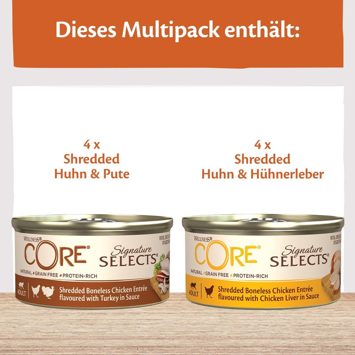 Wellness CORE Signature Selects, Shredded Selection Mix, 8 X 79 G, Hrană umedă premium pentru pisici adulte în sos, fără zahăr adăugat, fără cereale, cu conținut ridicat de carne