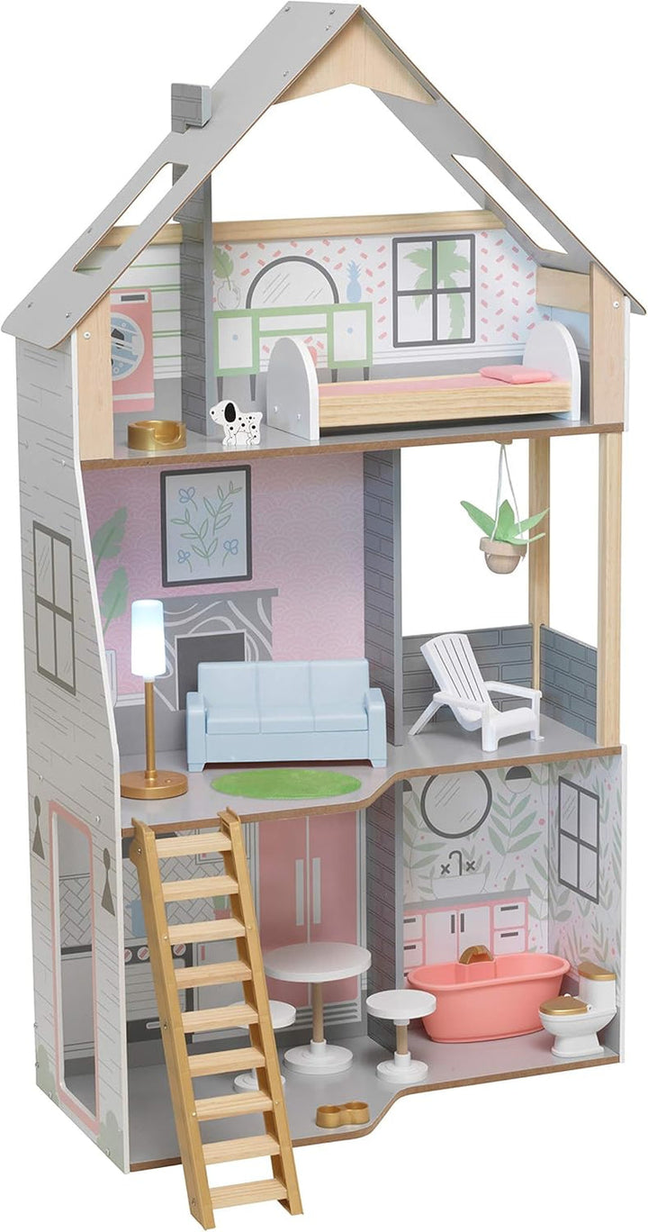 Casă de păpuși Kidkraft Alina din lemn cu mobilier și accesorii pentru păpuși înalte de 30 cm, set de joacă cu 3 etaje, cu câine și scări mobile, jucărie pentru copii de la 3 ani, 10229 Casute de papusi Naty Shop