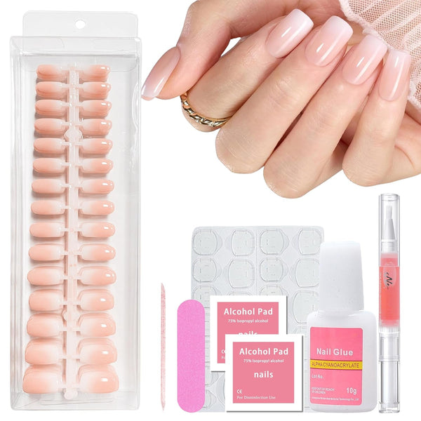 Set 240 de bucăți de unghii pătrate cu gradient, unghii artificiale alb nud cu gradient pentru lipire cu stilou cu ulei, unghii false naturale medii ombre pentru femei DIY (Nude Square)