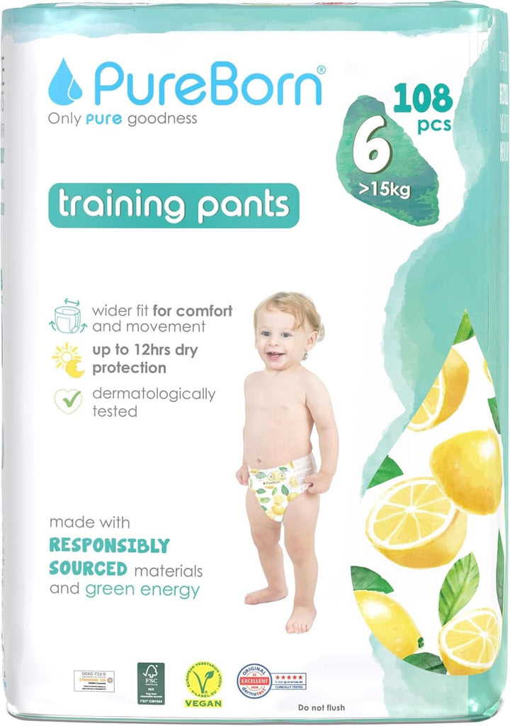 Scutece Pureborn Baby Premium Pantaloni, protectie optima zi si noapte, testate dermatologic, ultra moi, prietenoase cu pielea Mama si Copilul Naty Shop Mărimea 6 (108 bucăți)