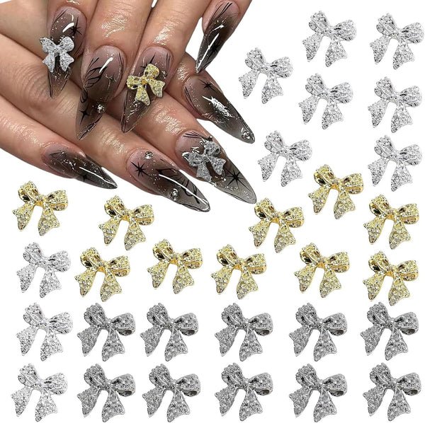 30 de bucăți de funde metalice pentru unghii, funde aurii, argintii și gri, accesorii pentru unghii, decorațiuni pentru unghii pentru femei și fete, design de unghii artizanal