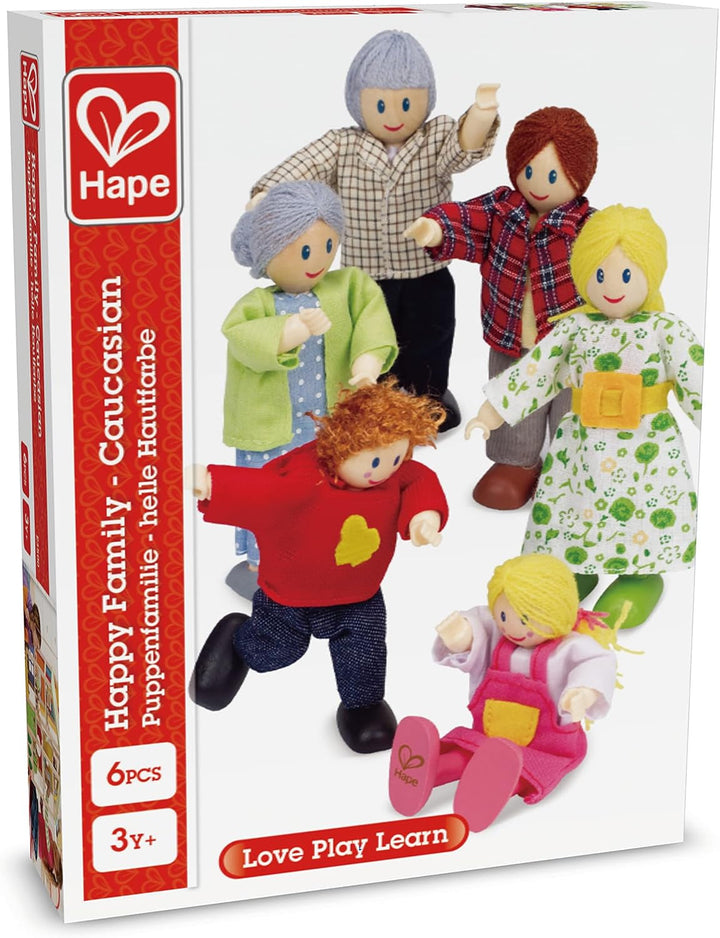 Familie de păpuși Hape Set de familie de păpuși premiat, accesoriu unic pentru case de păpuși din lemn, joc fantastic, 6 membri ai familiei de păpuși Papusi Naty Shop
