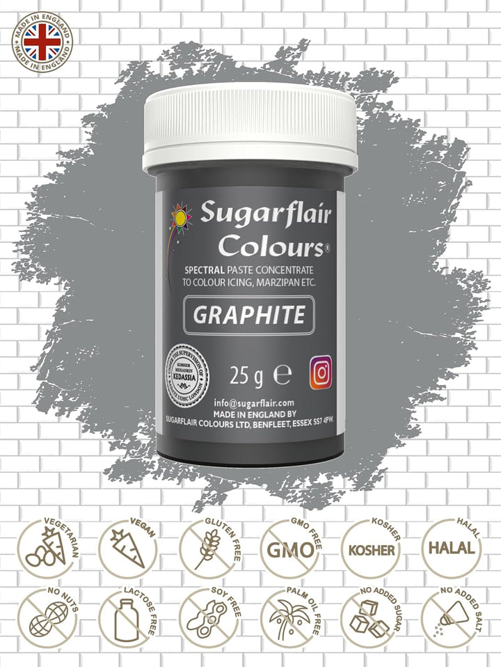 Sugarflair Spectral Graphite Lebensmittelfarbe Paste, Hochkonzentrierte Lebensmittelfarbe Für Buttercreme, Zuckerpaste, Royal Icing, Kuchenmischungen Und Mehr! Lebensmittelfarbstoff - 25G Coloranti Alimentari Naty Shop