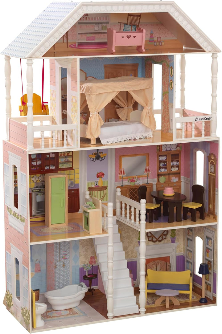 Casă de păpuși Kidkraft Savannah din lemn cu mobilier și accesorii, set de joacă cu scaun suspendat și pat cu baldachin pentru păpuși de 30 cm, jucărie pentru copii de la 3 ani, 65023 Casute de papusi Naty Shop