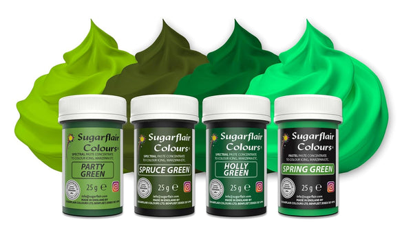 Coloranți alimentari Sugarflair pentru paste, verde, set de 4, coloranți alimentari pentru paste, fondant, marțipan, pastă de zahăr, cremă de unt și multe altele: verde ilex, verde primăvară, verde molid, verde petrecere - set de 4