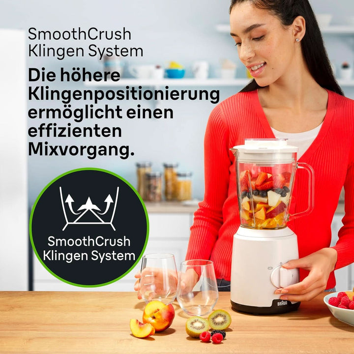 Braun Powerblend 1 JB1050WH - Standmixer Mit 1,5 L Glas-Mixaufsatz, Küchenhelfer Zum Zerkleinern, Pürieren & Mixen, Ice-Crush-Funktion, 2 Geschwindigkeiten, 600 Watt, Weiß Bucatarie Naty Shop